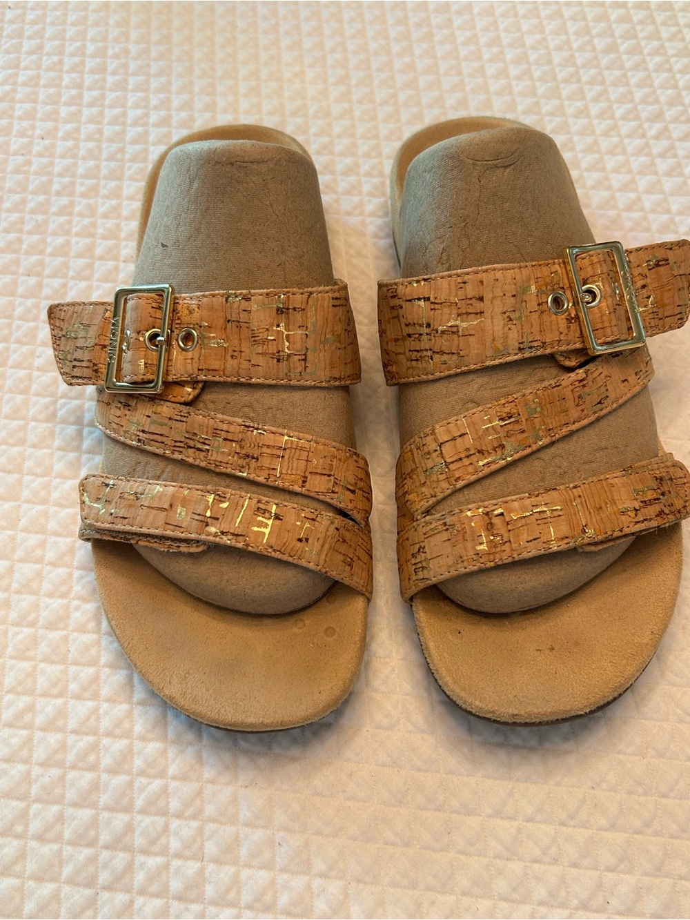 Vionic Tan Slide Sandals with Gold Accents Sz 7 or 38